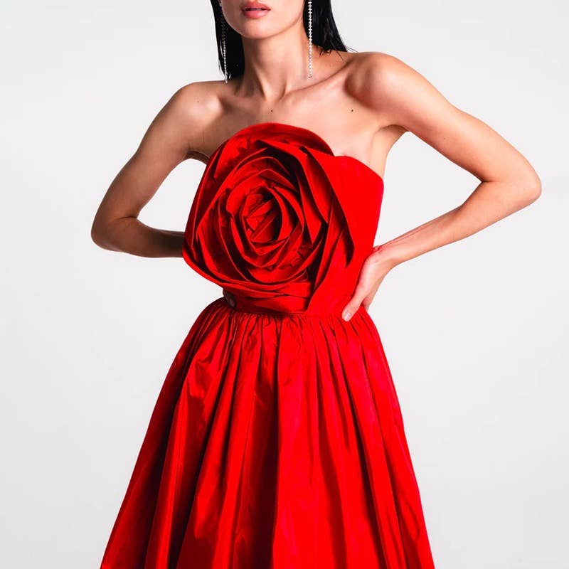 Floral Stitch High-Waist Tube Top Dress