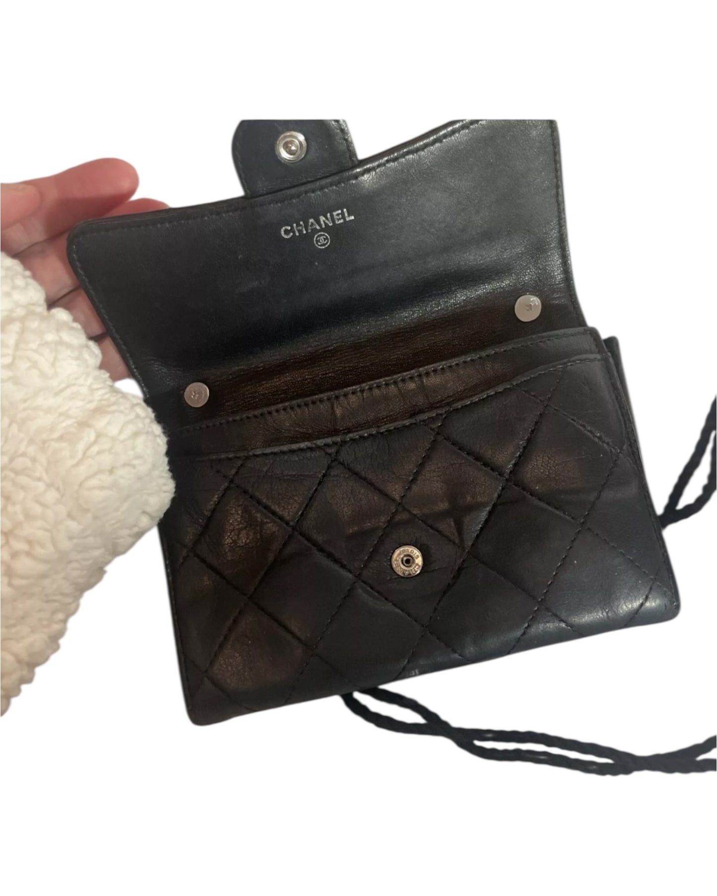 Authentic Chanel Quilted Leather Wallet on Chain – Black / Silver (Non-Chanel Chain)