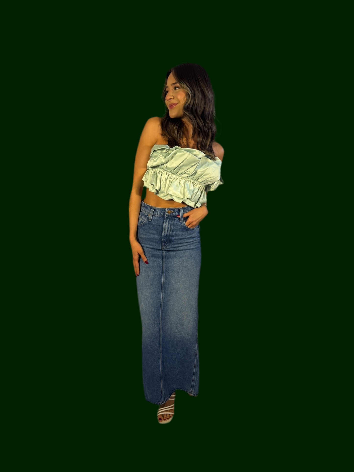 Satin two layers big ruffles strapless top