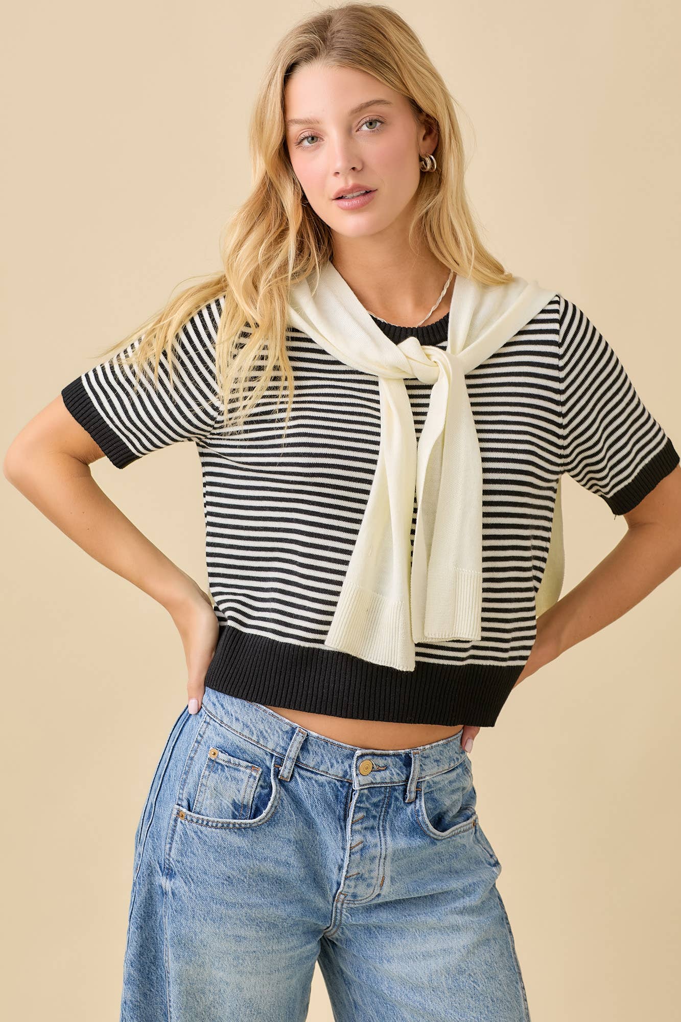 Main Strip - Sweater Shawl Wrap Set With Stripe Knit Top