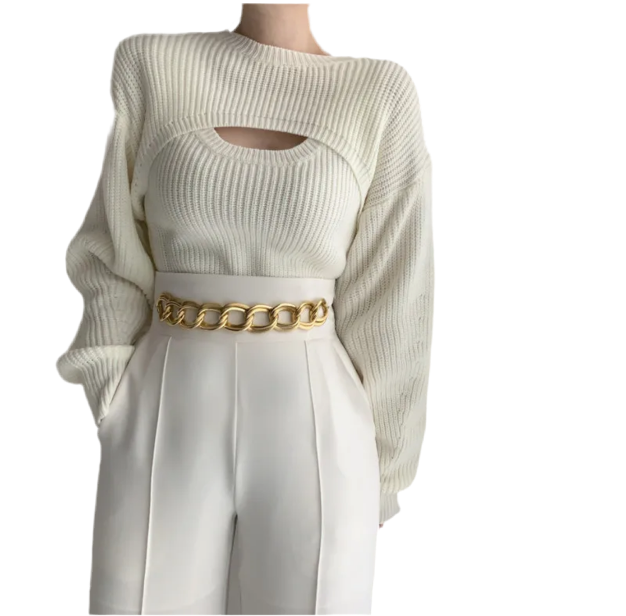 Two piece Set Knit Vest & Long Sleeve Smock Crop Top