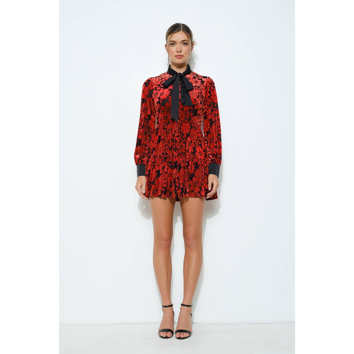INA - Velvet Flower Burnout Satin Tie Mini Dress