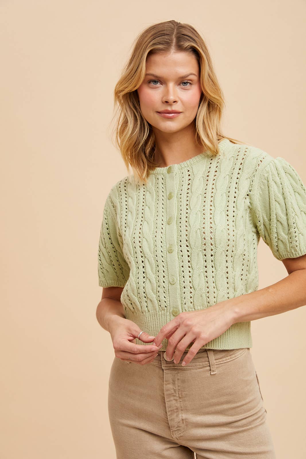 CABLE KNIT PUFF SLEEVE CARDIGAN