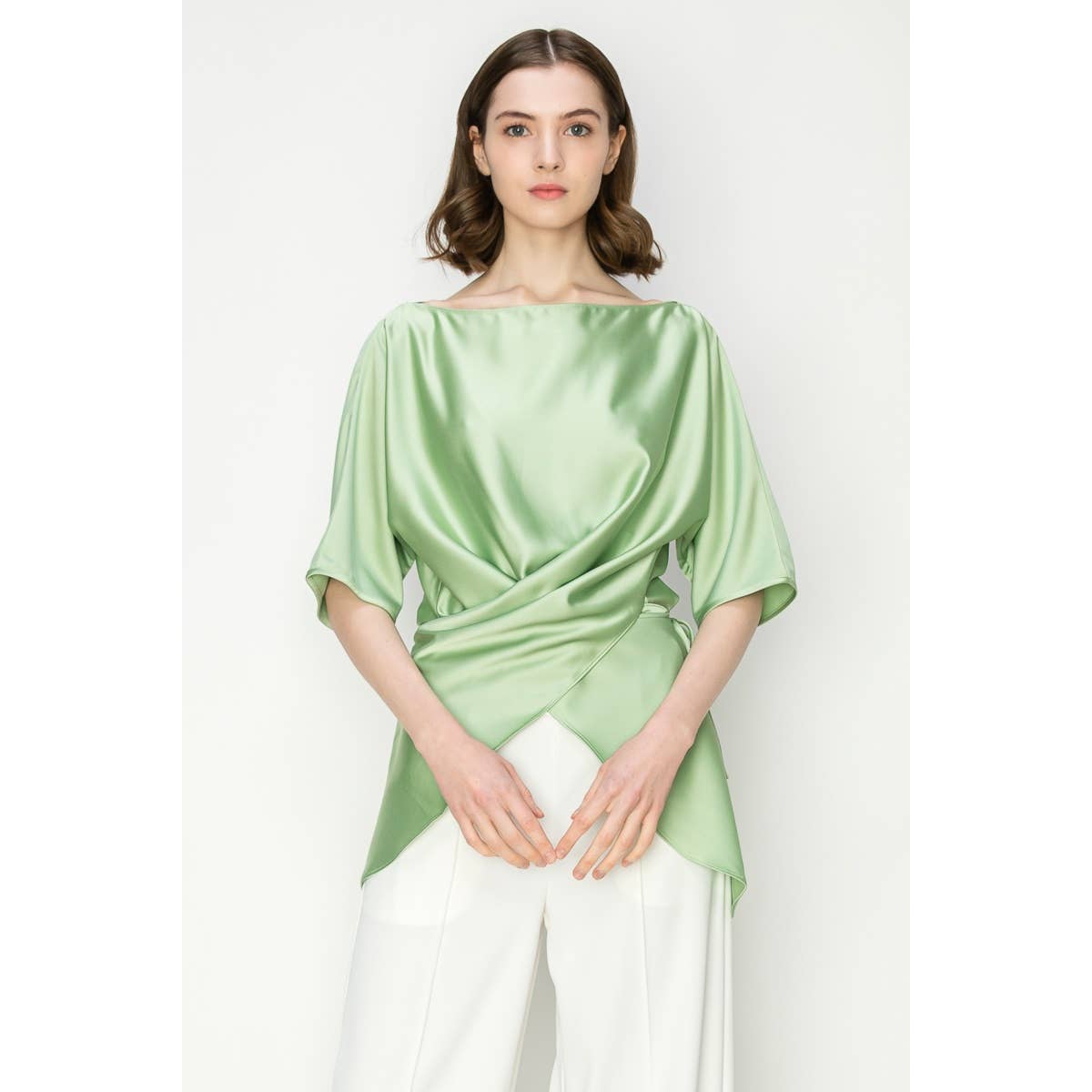 Satin Short Sleeve Side WrapTie Blouse