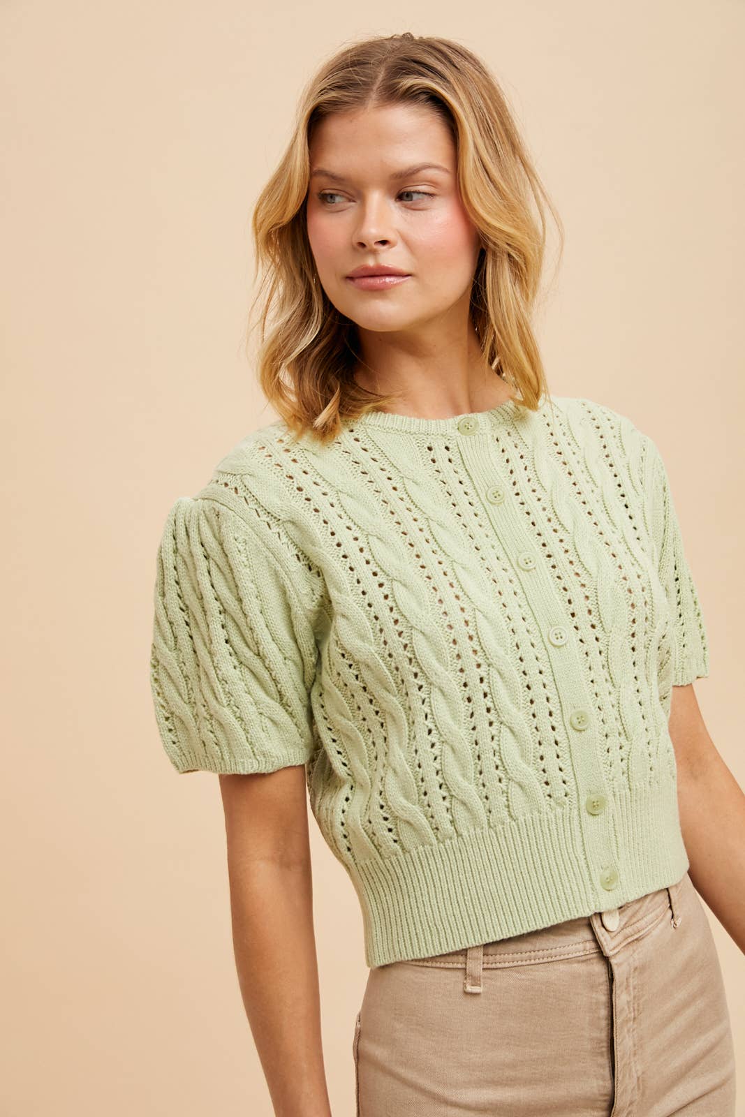 CABLE KNIT PUFF SLEEVE CARDIGAN