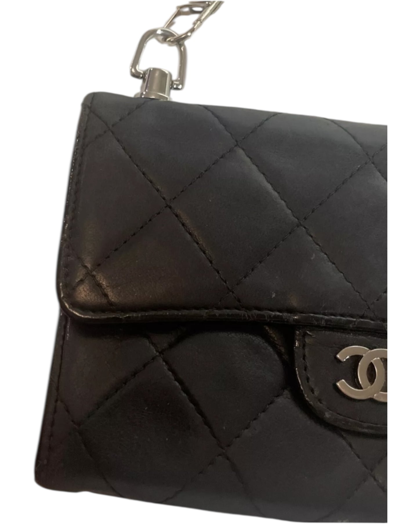Authentic Chanel Quilted Leather Wallet on Chain – Black / Silver (Non-Chanel Chain)