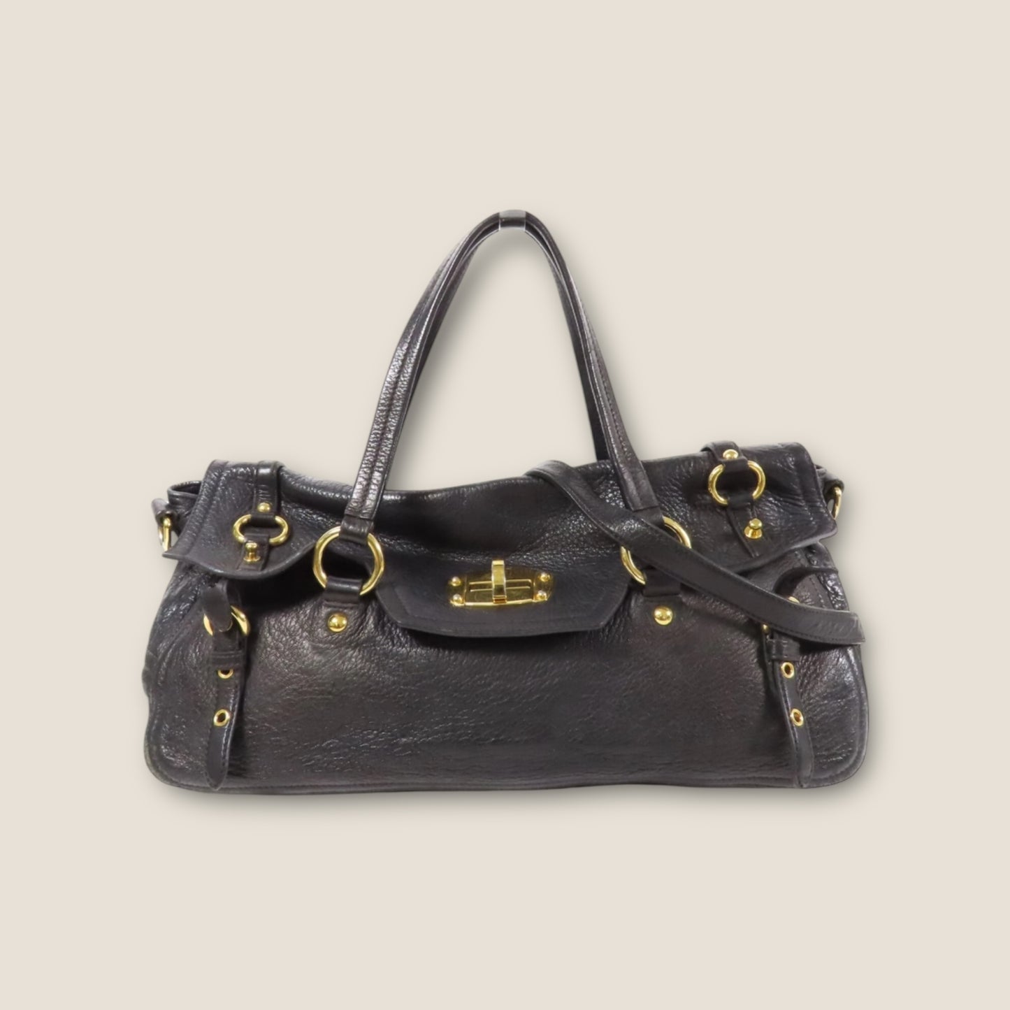 Miu Miu Black Calfskin Leather 2-Way Shoulder Bag with Gold Hardware