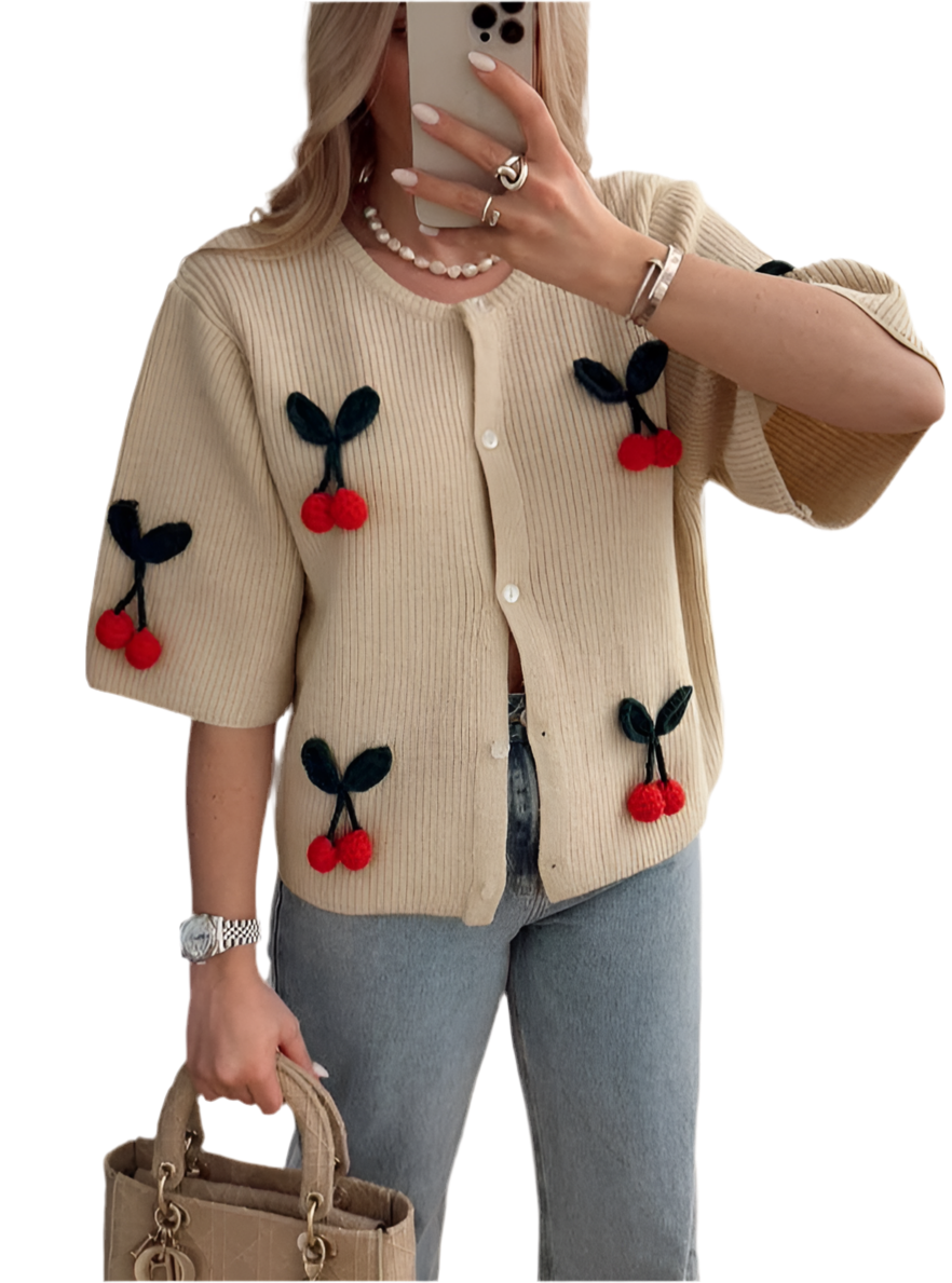 Cherry-Embellished Cropped Knitted Sweater Cardigan