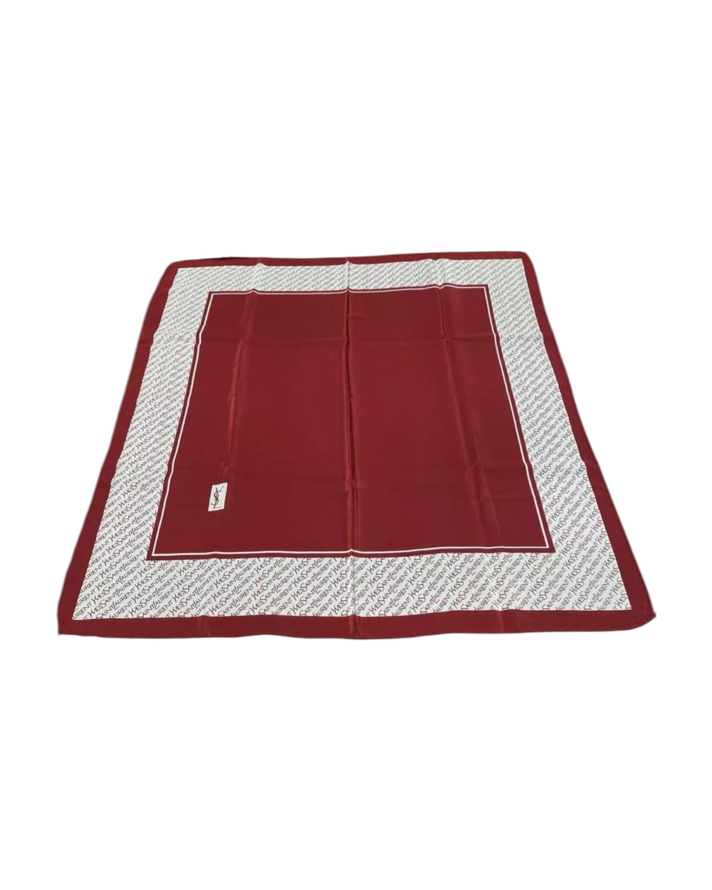 Vintage Yves Saint Laurent Logo Silk Scarf – Deep Red Monogram Border – 26” Square