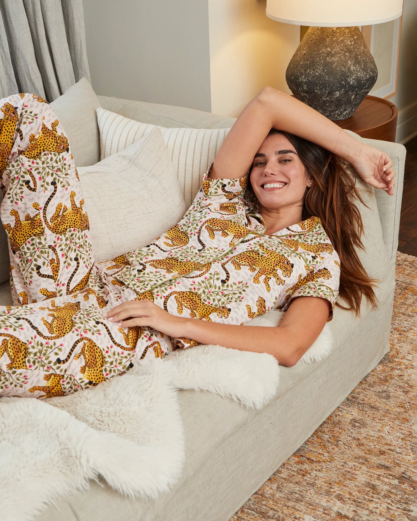 Print Fresh Short Sleeve Top & Long Pants PJ Set in Bagheera