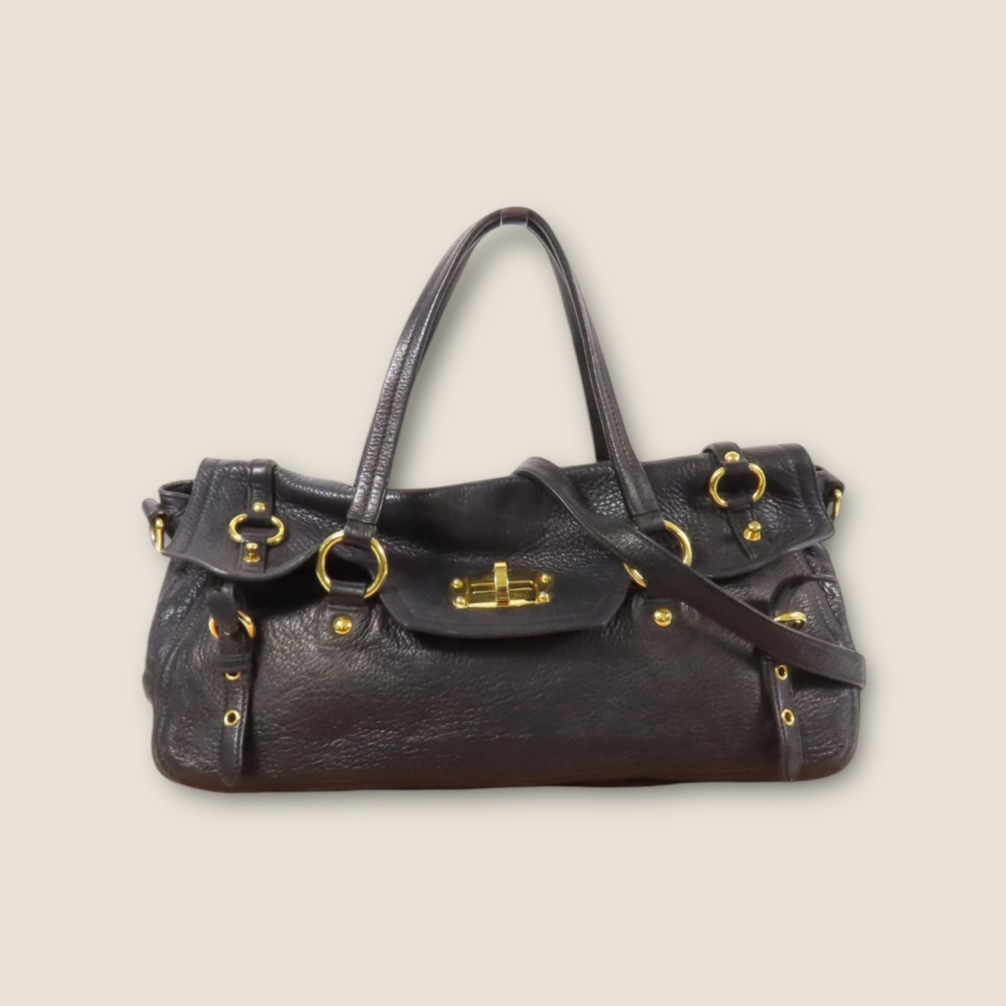 Miu Miu Black Calfskin Leather 2-Way Shoulder Bag with Gold Hardware