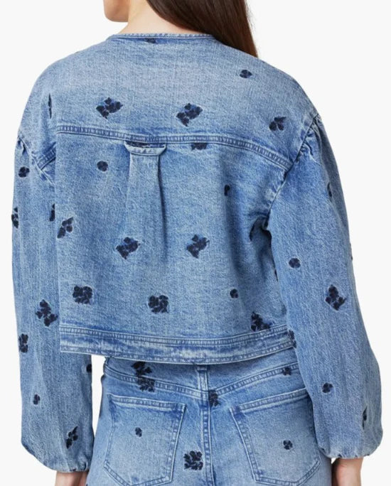HABITUAL COLLARLESS EMBROIDERED DENIM JACKET