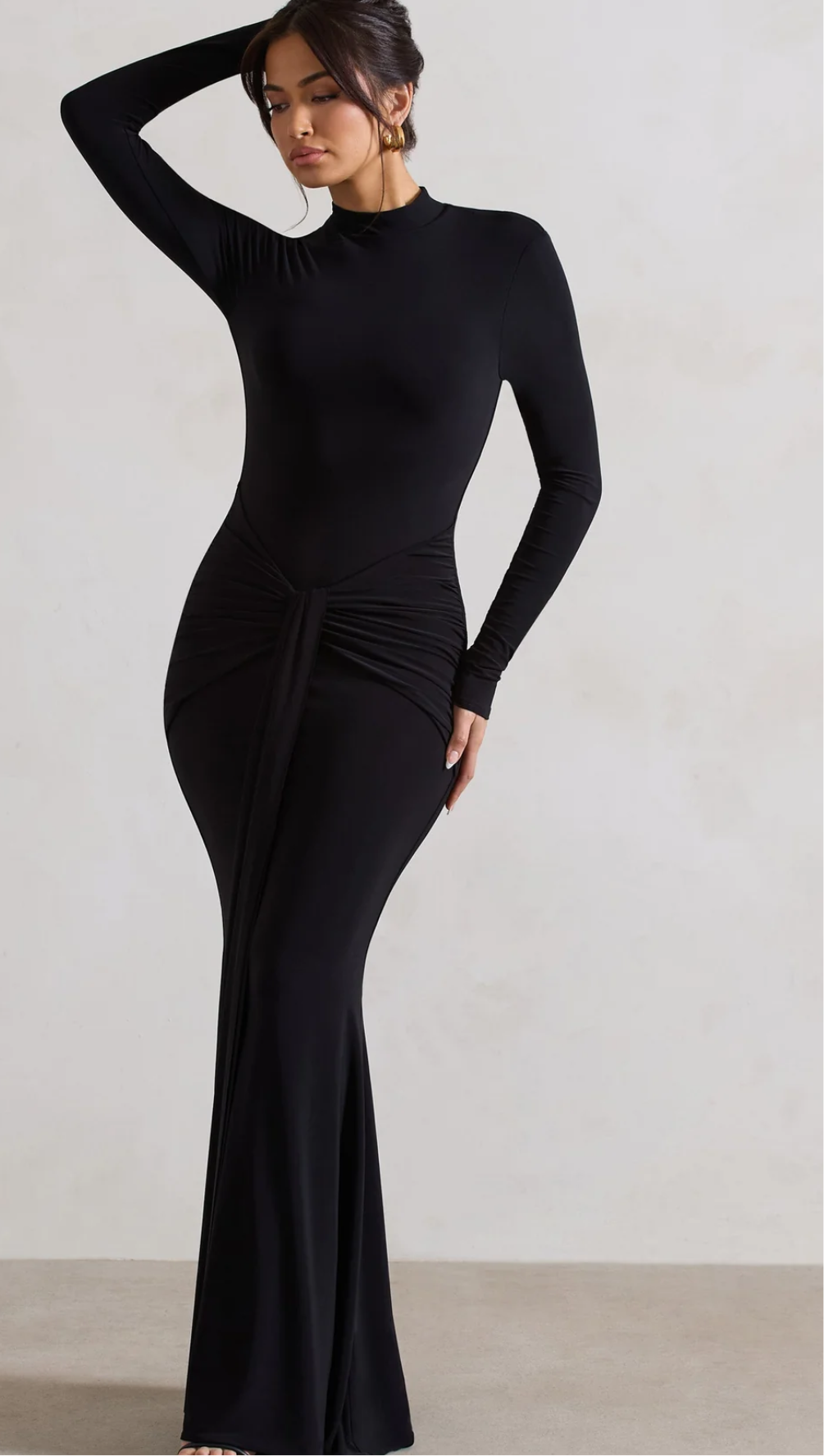 BLACK HIGH-NECK LONG SLEEVE KNOT MAXI DRESS