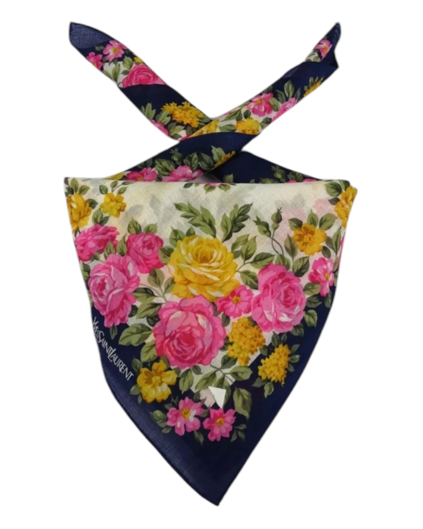 Vintage Yves Saint Laurent Floral Bandana Scarf – 19x19” Silk Handkerchief Navy Pink Yellow