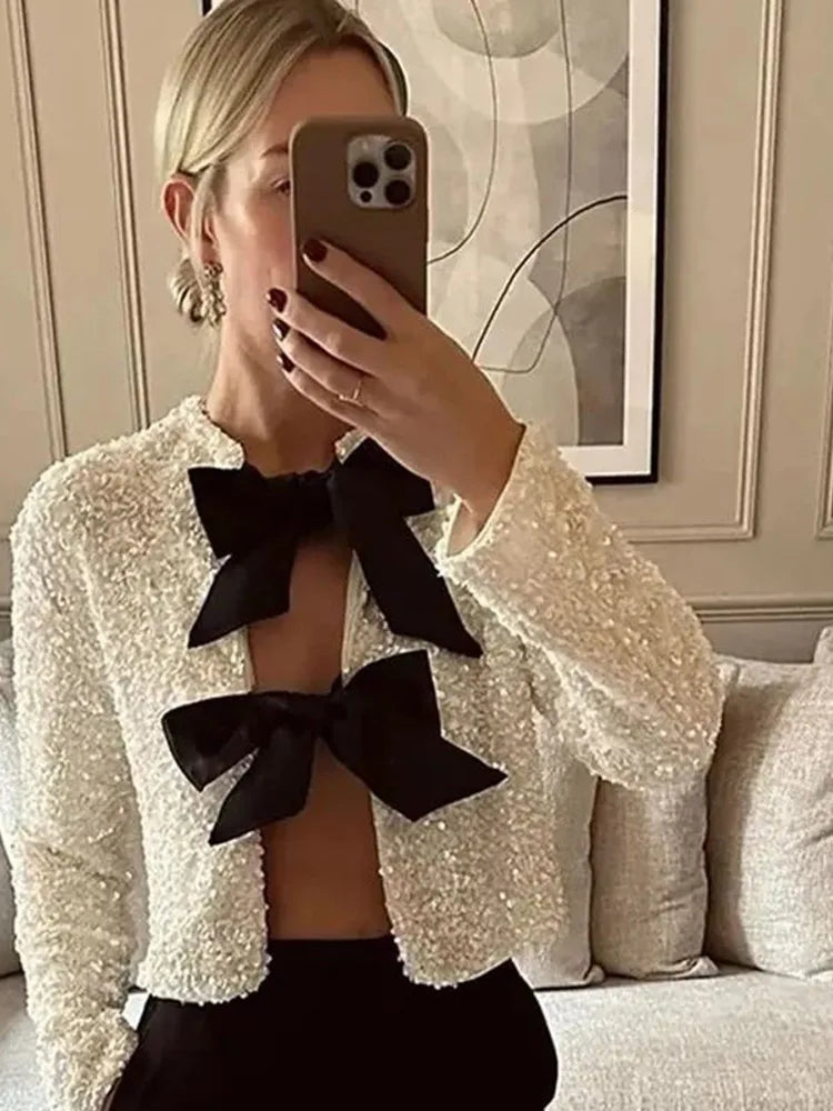 Sequin-Embellished Bow-Tie Statement Top”
