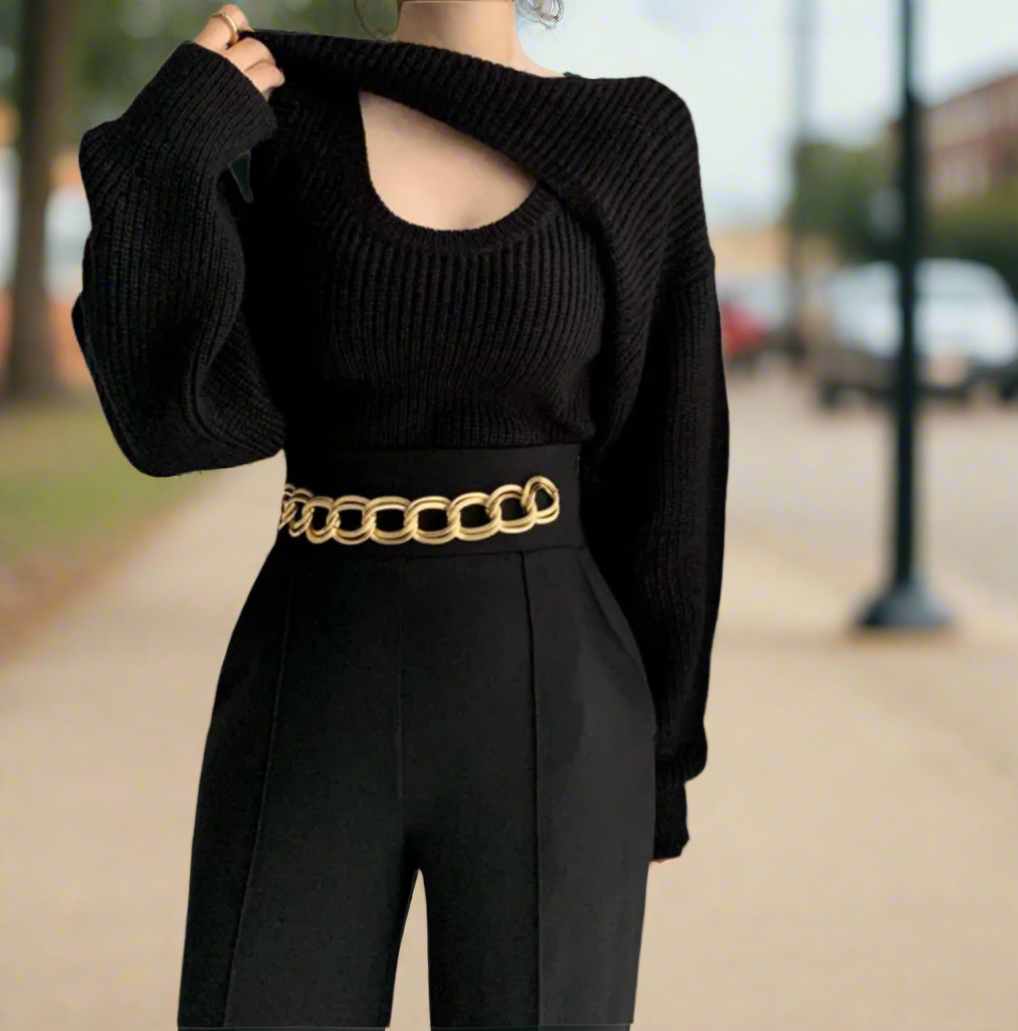 Two piece Set Knit Vest & Long Sleeve Smock Crop Top