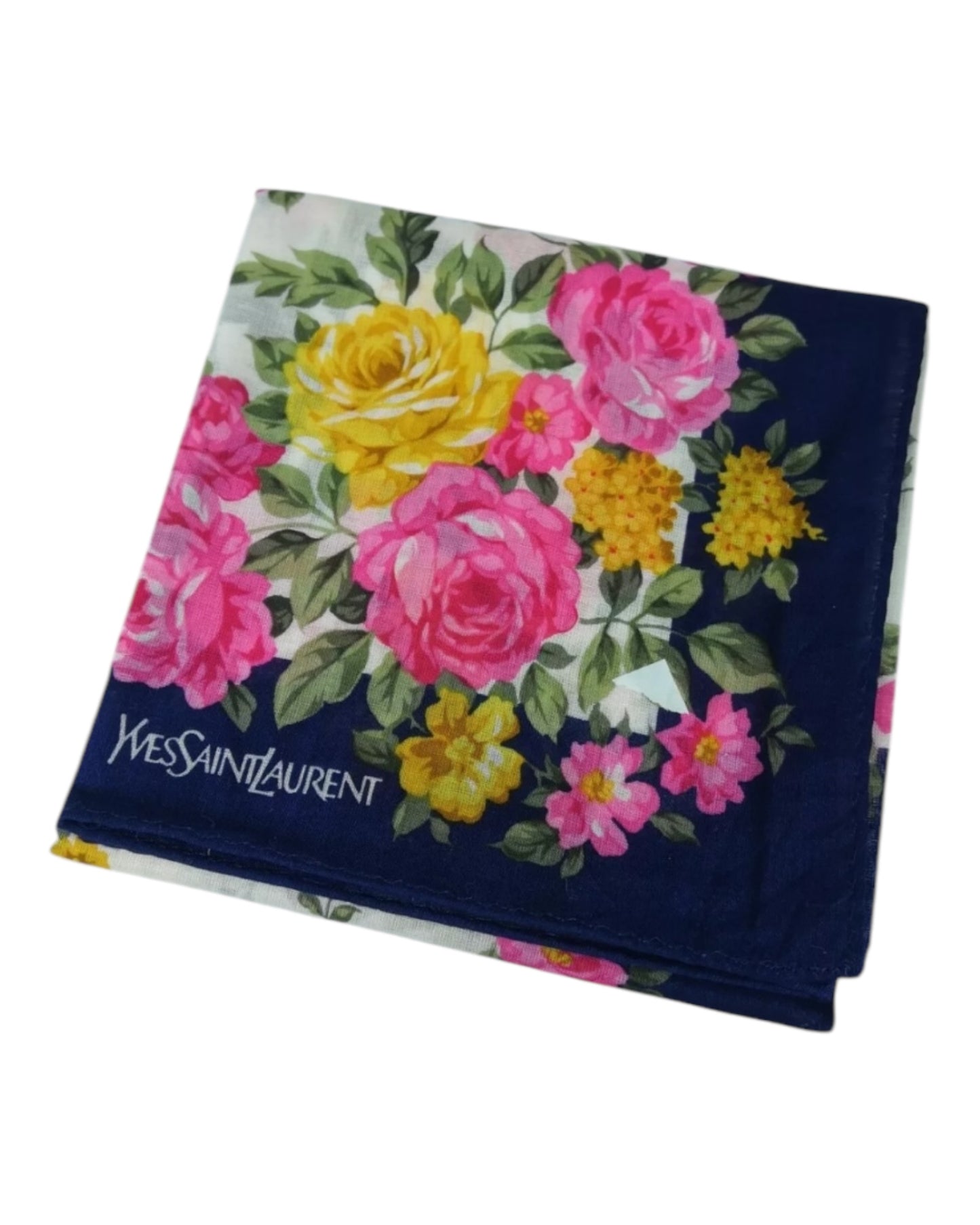 Vintage Yves Saint Laurent Floral Bandana Scarf – 19x19” Silk Handkerchief Navy Pink Yellow