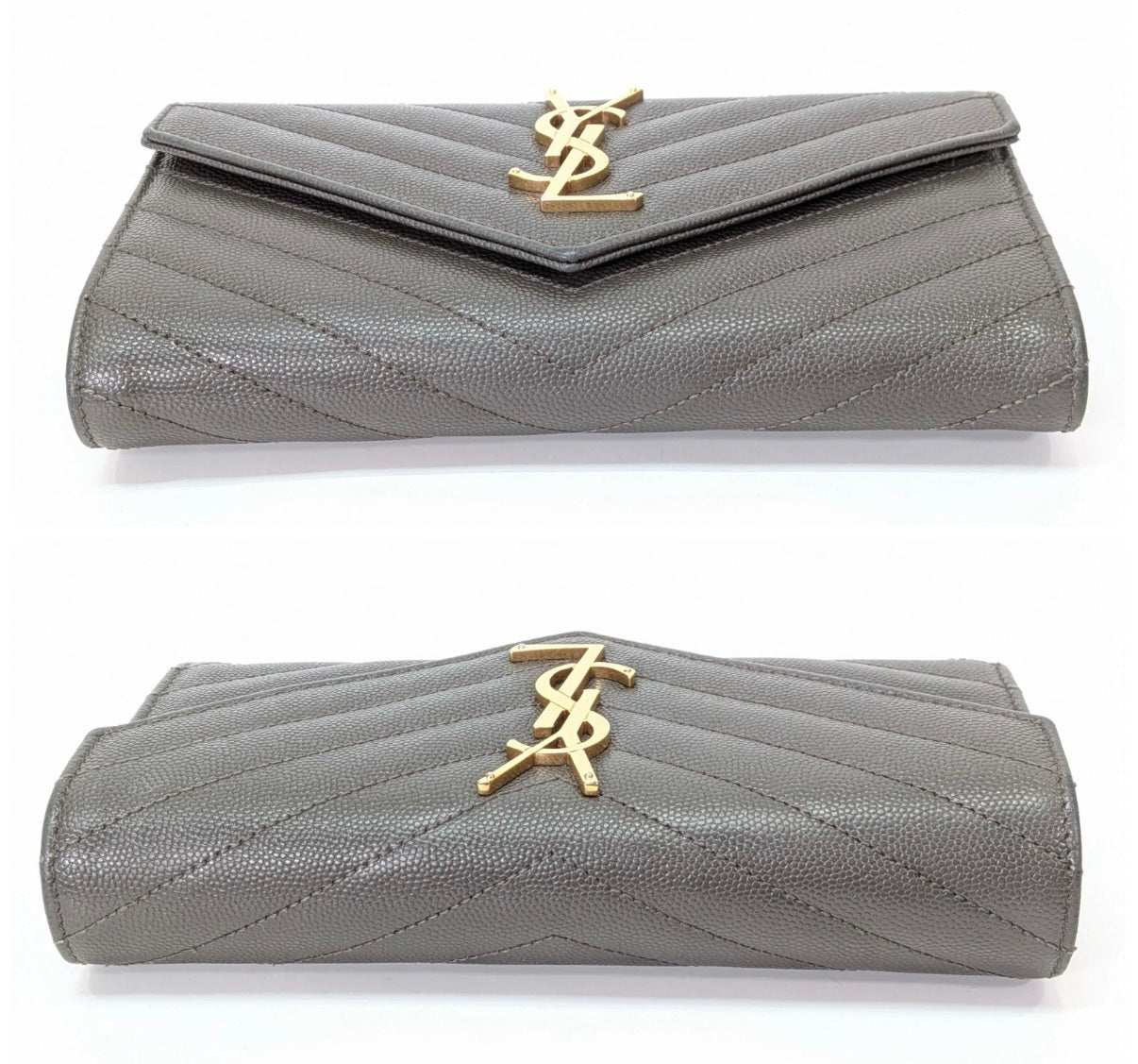 SAINT LAURENT
Grain De Poudre Matelasse Chevron Monogram Flap Wallet Fog