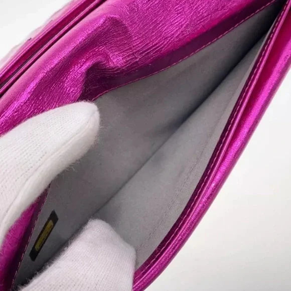 Pink Chanel Metallic Foil calfskin Leather Bow long wallet