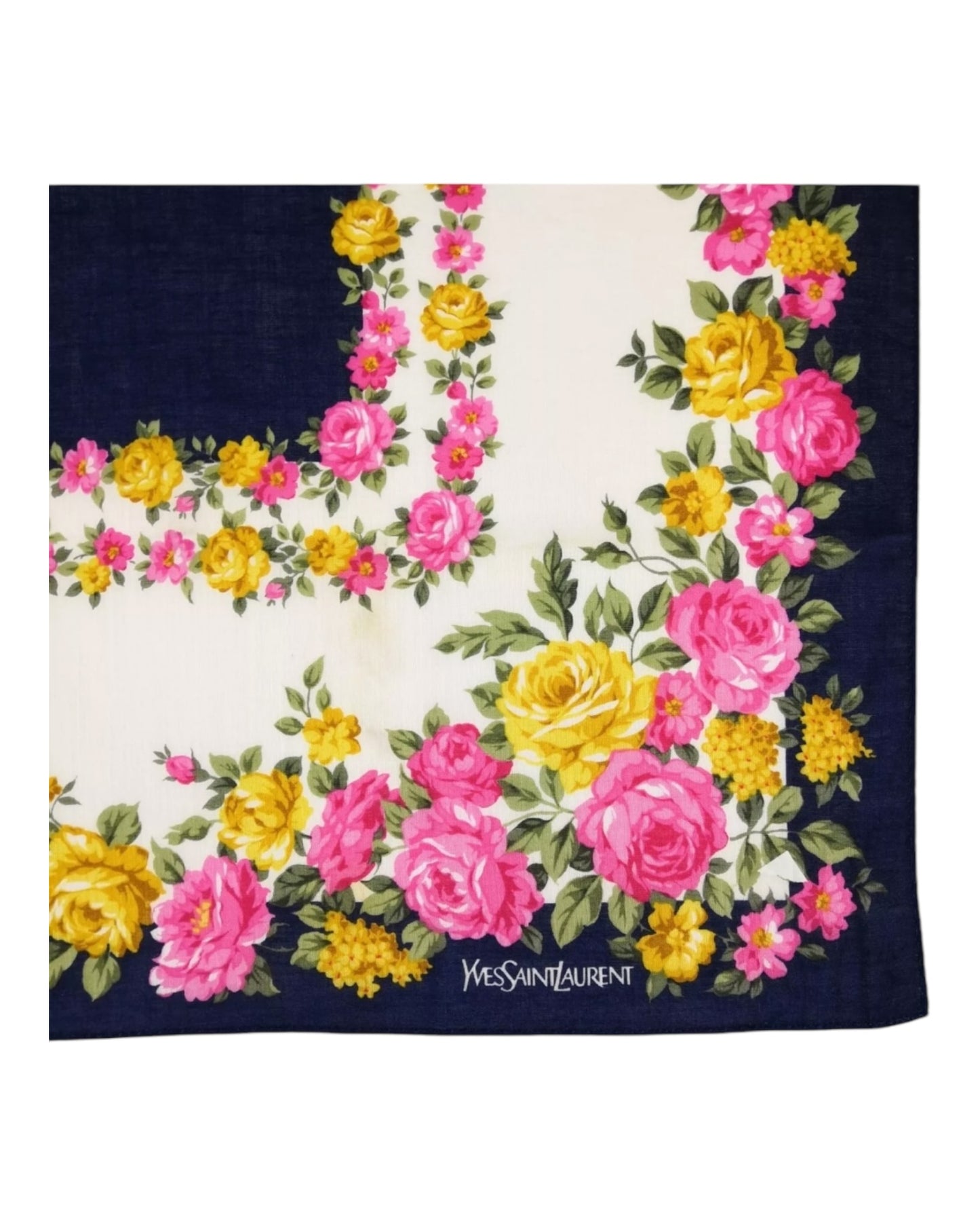 Vintage Yves Saint Laurent Floral Bandana Scarf – 19x19” Silk Handkerchief Navy Pink Yellow
