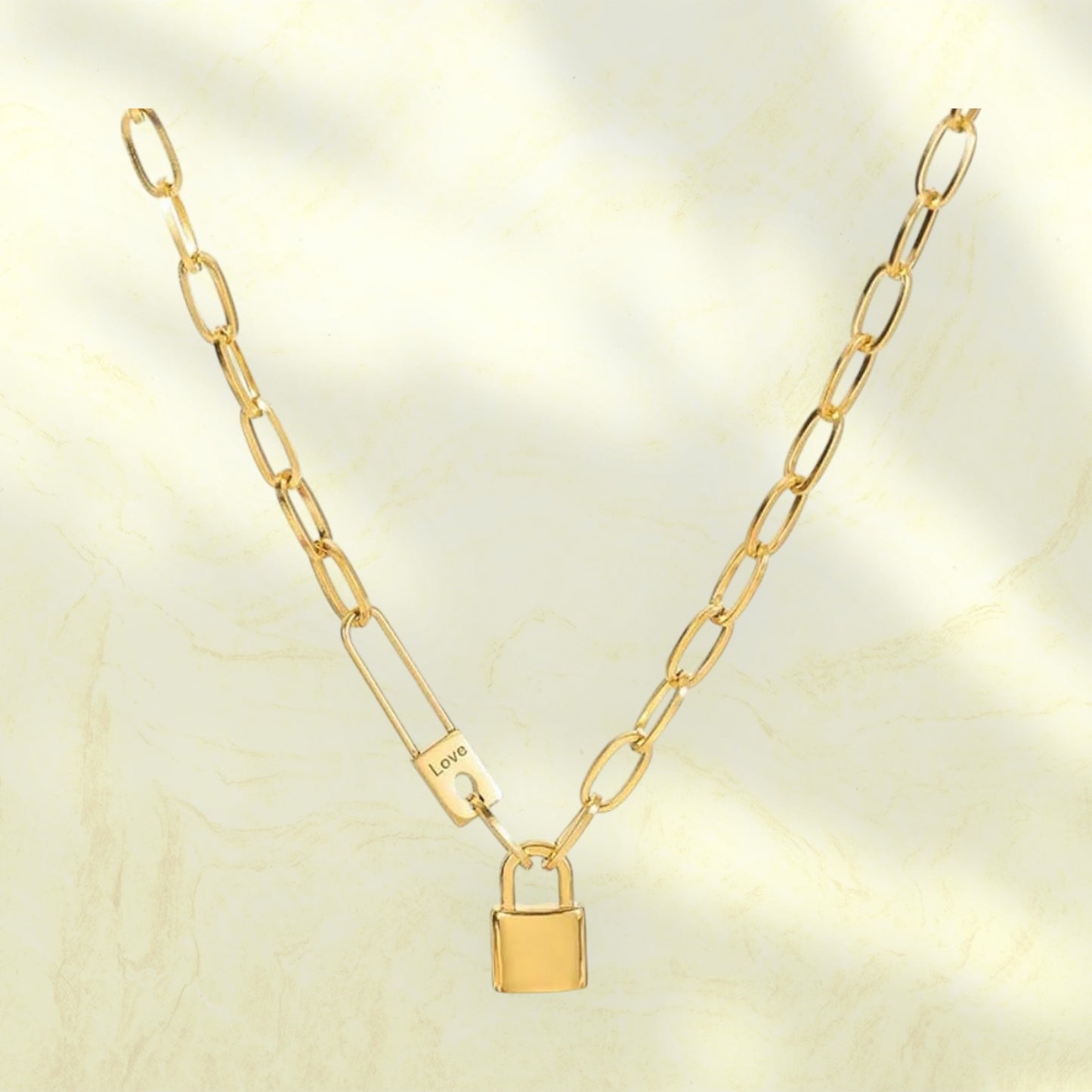 Gold Stainless Steel Paperclip Chain Necklace with Lock Pendant – “Love” Engraving – Adjustable Clavicle Choker