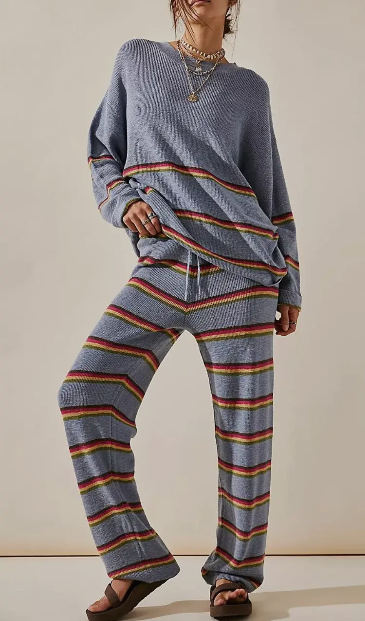 Long-sleeved striped trousers two-piece set