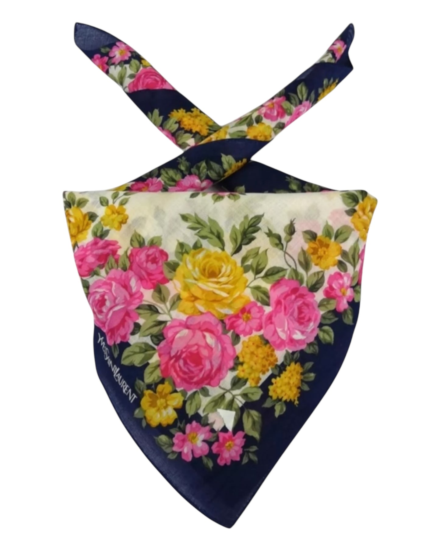 Vintage Yves Saint Laurent Floral Bandana Scarf – 19x19” Silk Handkerchief Navy Pink Yellow