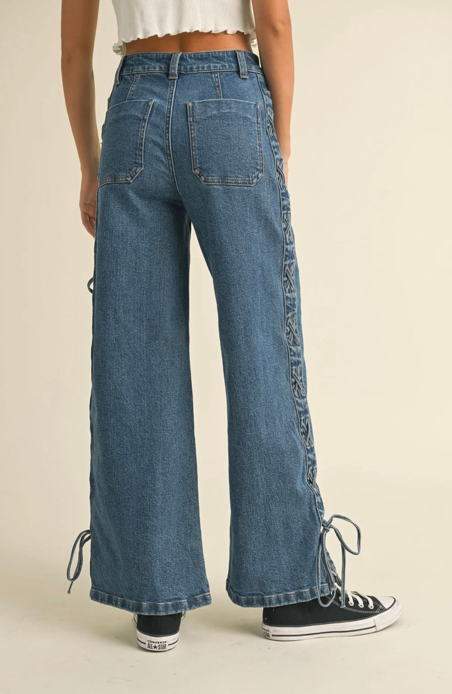 Lace Up Side Detail Denim Pants - Miou Muse