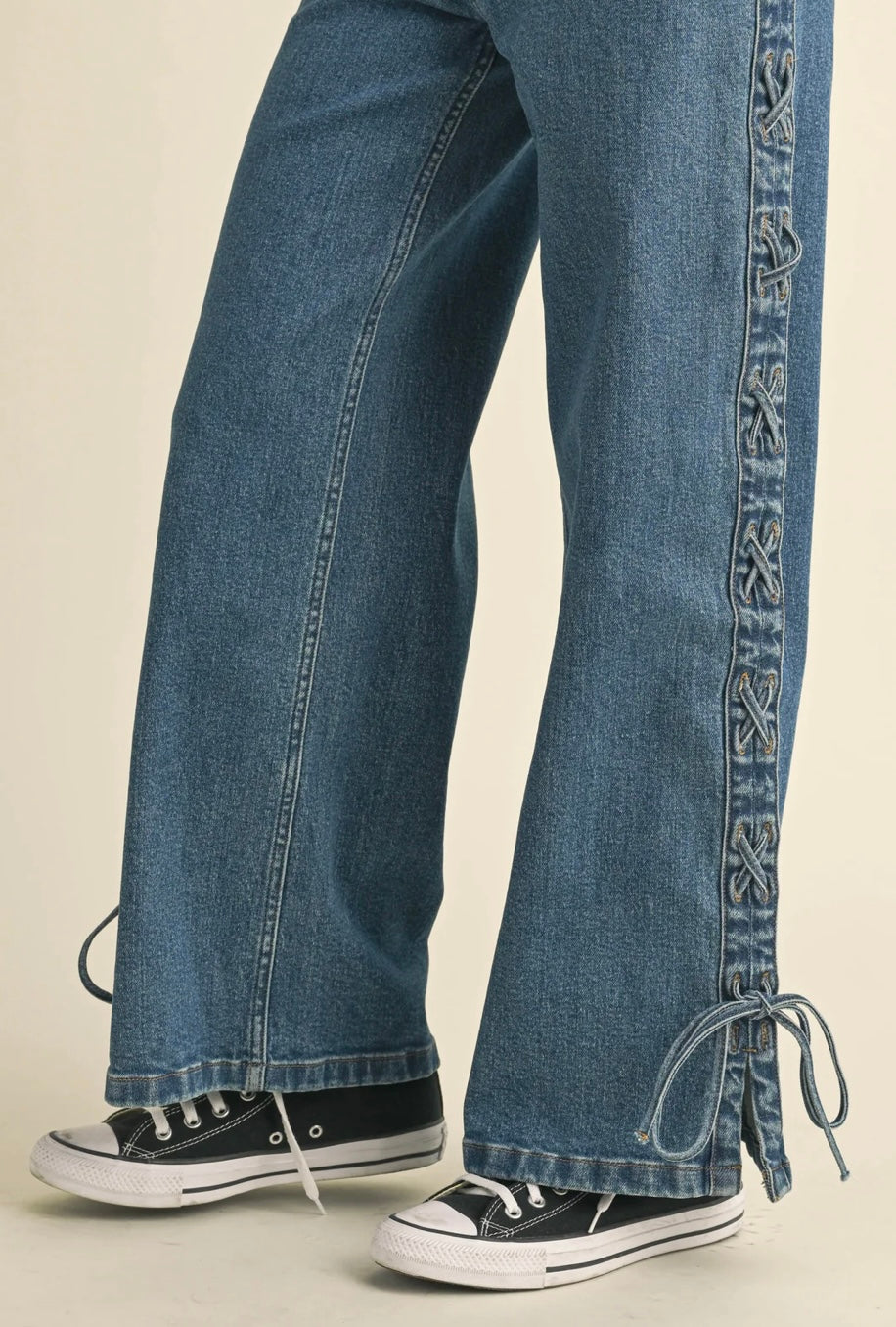 Lace Up Side Detail Denim Pants - Miou Muse