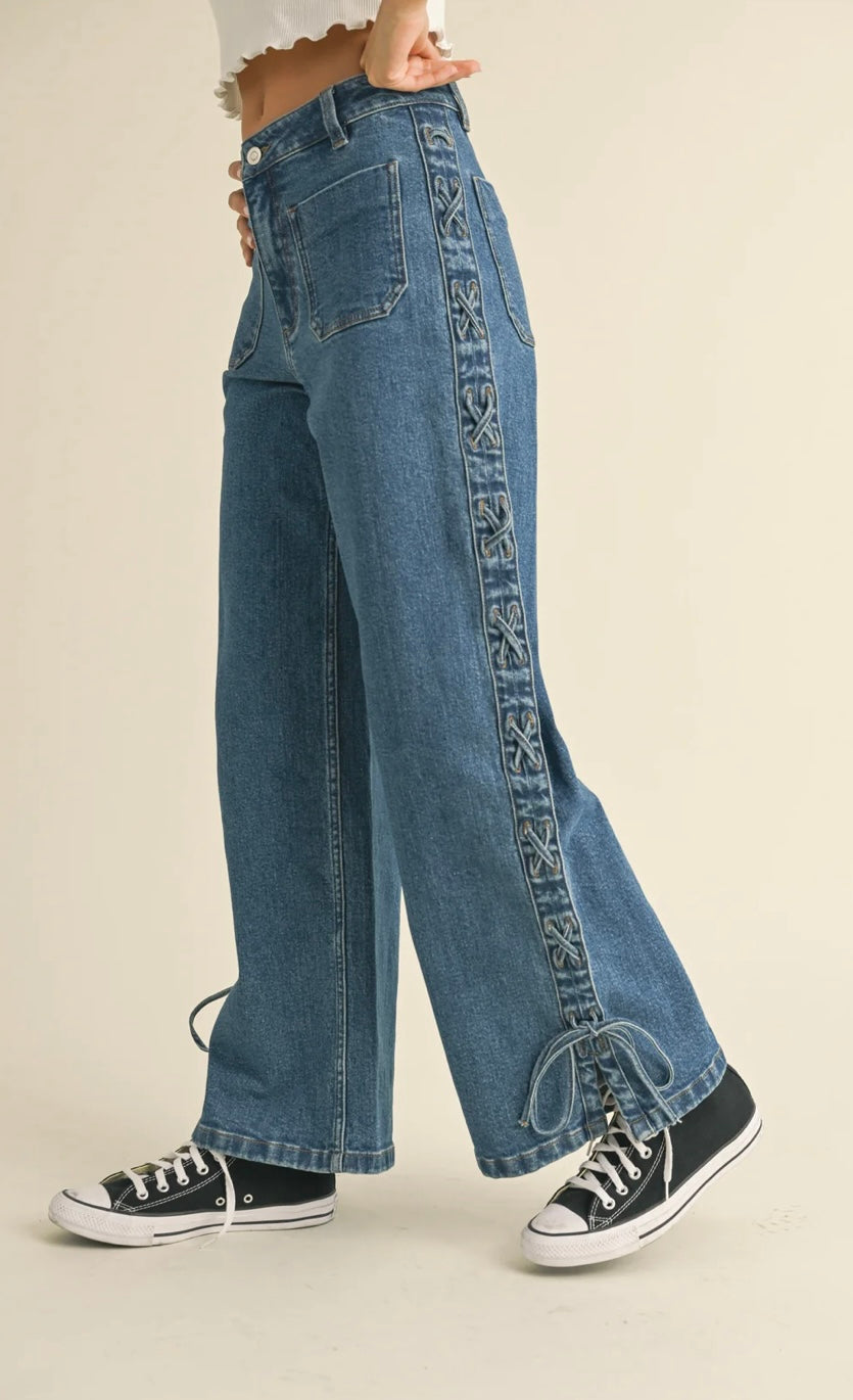 Lace Up Side Detail Denim Pants - Miou Muse