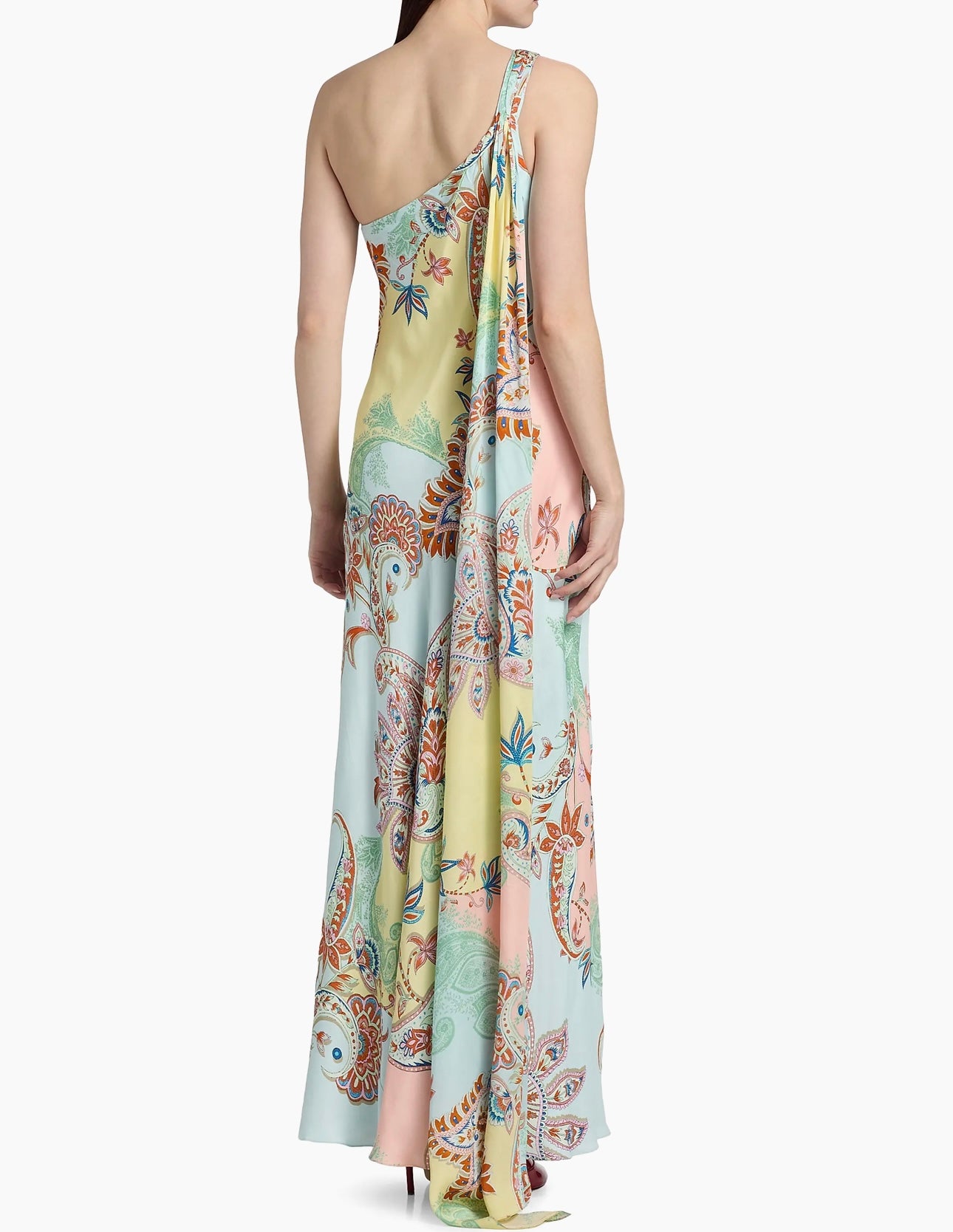 One-Shoulder Sash Paisley Maxi Dress