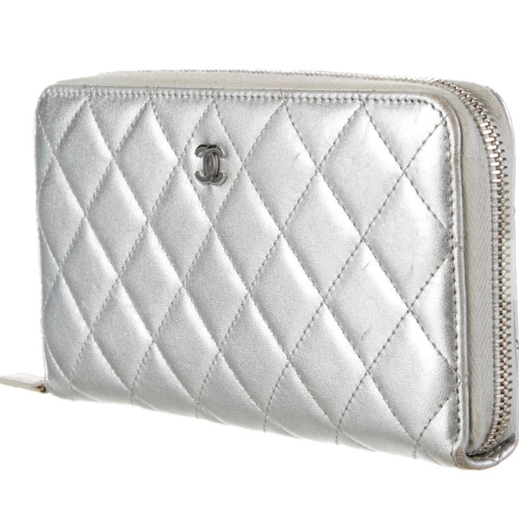 Chanel Quilted Metallic Silver Leather Zipped Wallet