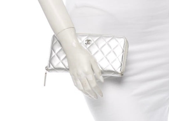 Chanel Quilted Metallic Silver Leather Zipped Wallet