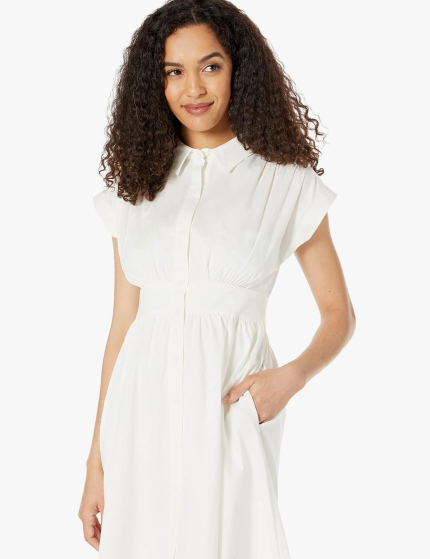 Maggy London Short Sleeve Collard Button Front Summer Dress for Women with Waist Tie and Pleat Details