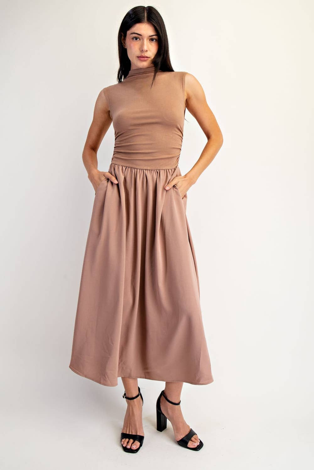 Sleeveless High Neck Ruched Midi Dress with Pockets