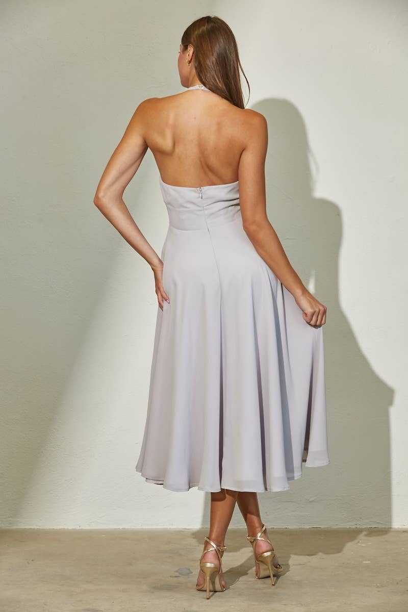 Plunge Neckline Halter Flare Chiffon Midi Dress