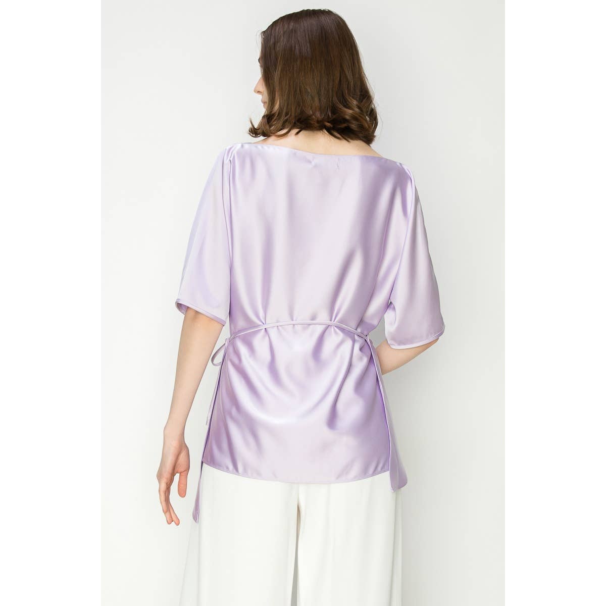 Satin Short Sleeve Side WrapTie Blouse