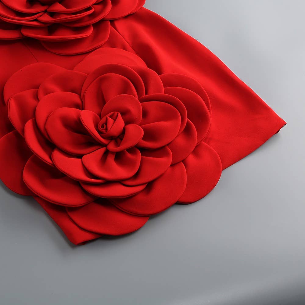 Red 3D Flower Tube Dress - Bold Elegance