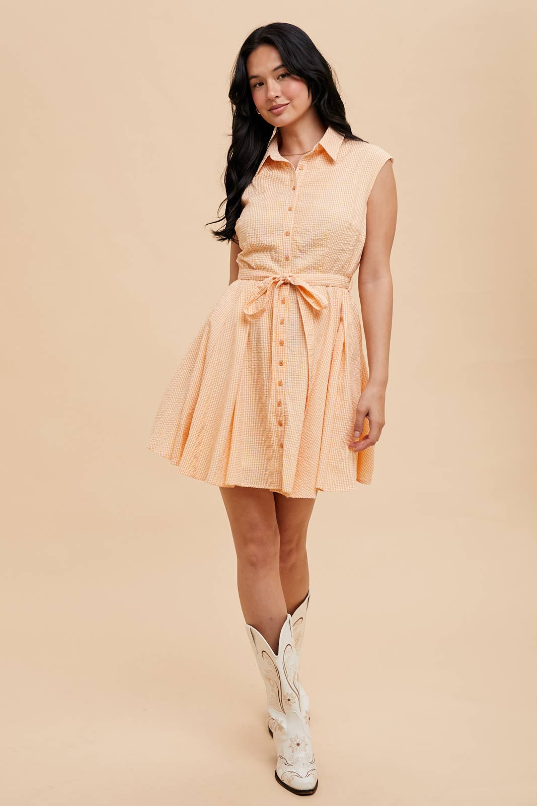 SEERSUCKER SLEEVELESS LAPEL MINI DRESS
