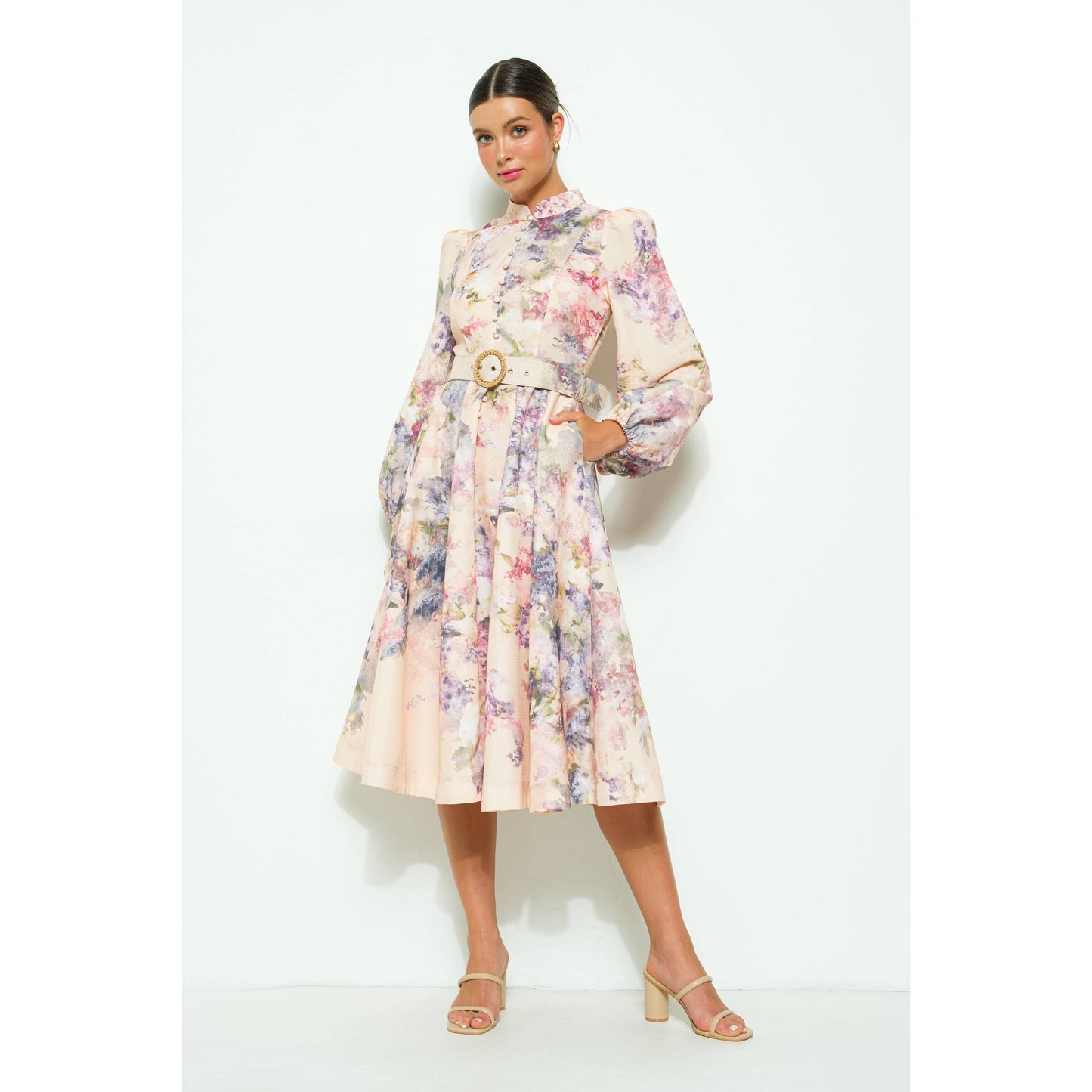 Long Sleeves Floral Print Belted-Waist Midi Dressy
