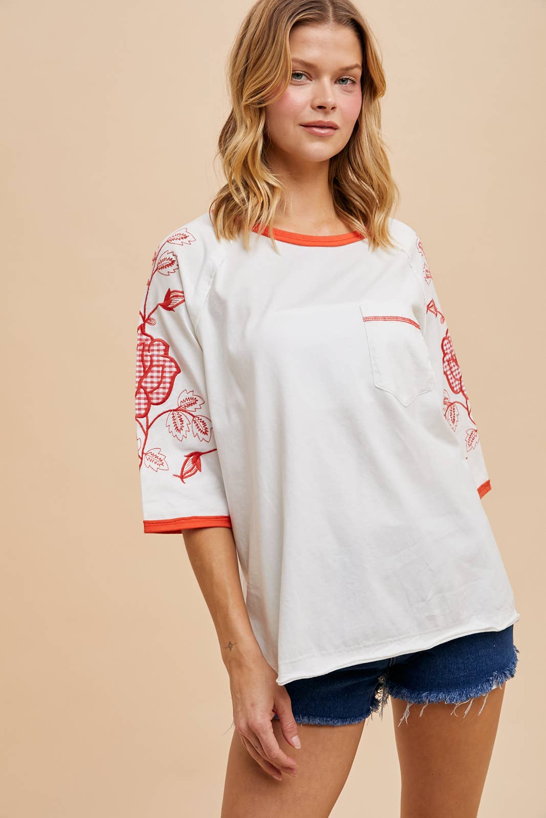 COTTON EMBROIDERED APPLIQUE RINGER TEE