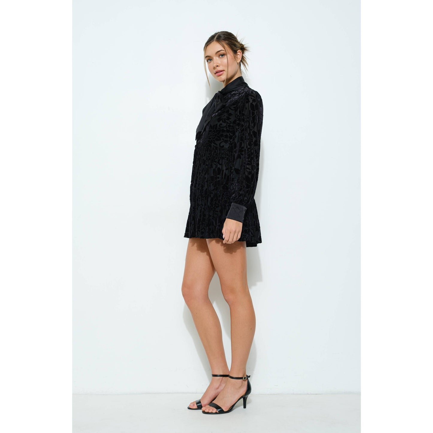 INA - Velvet Flower Burnout Satin Tie Mini Dress