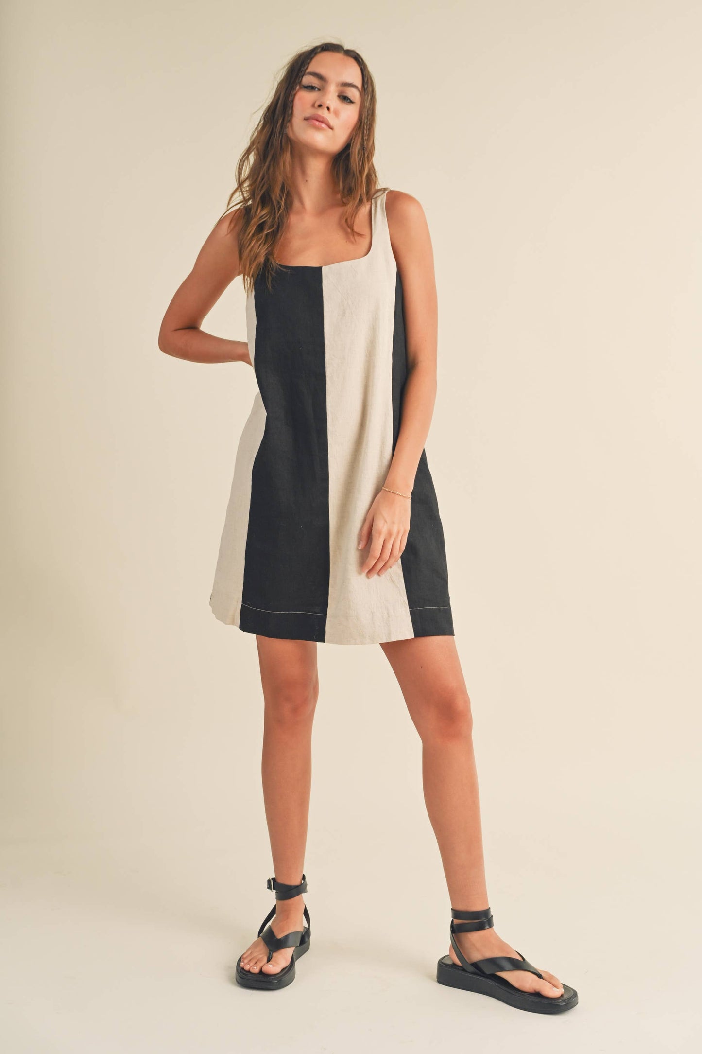 MIOU MUSE - D3367 COLOR BLOCK LINEN MINI DRESS