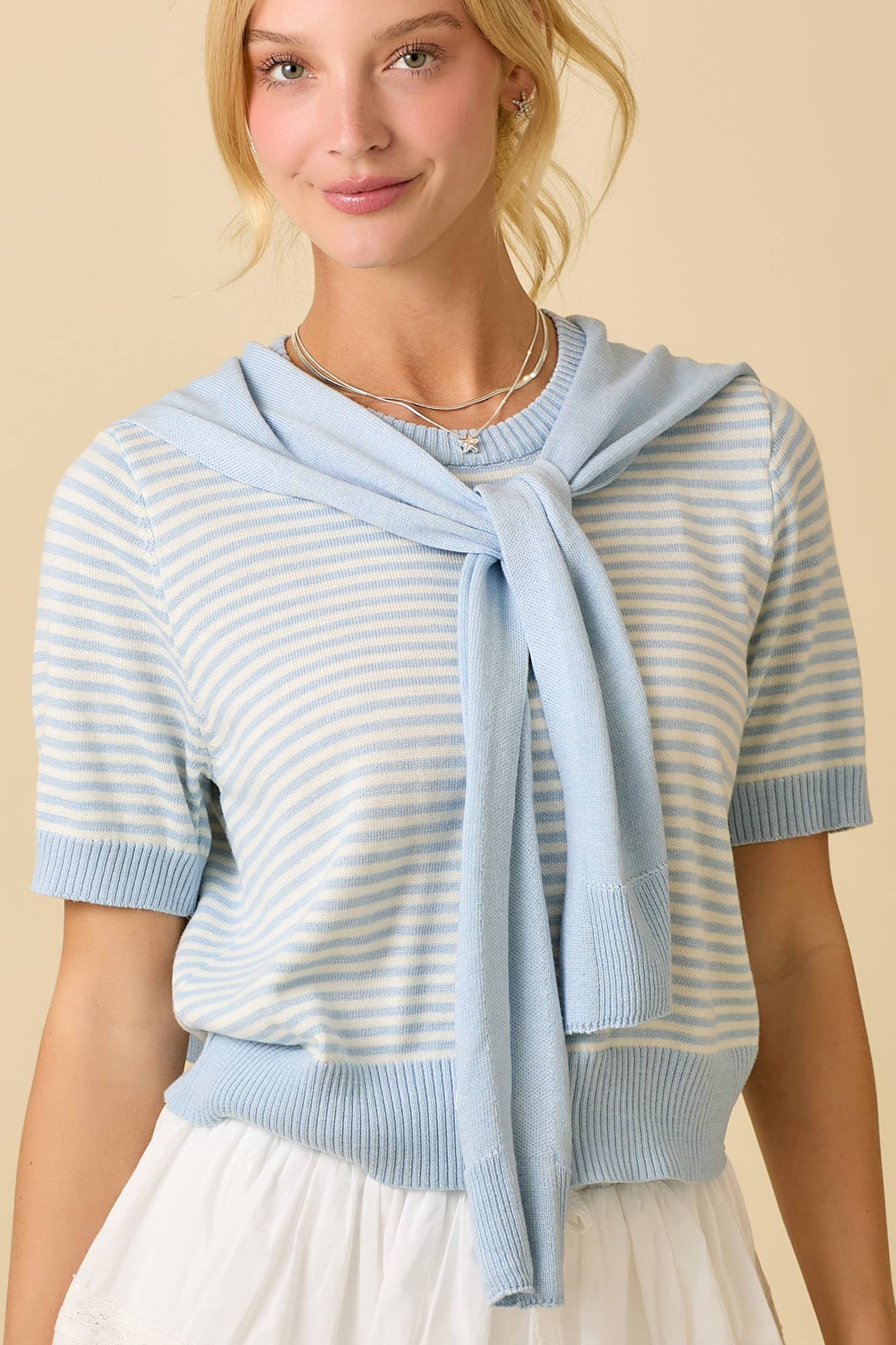 Main Strip - Sweater Shawl Wrap Set With Stripe Knit Top