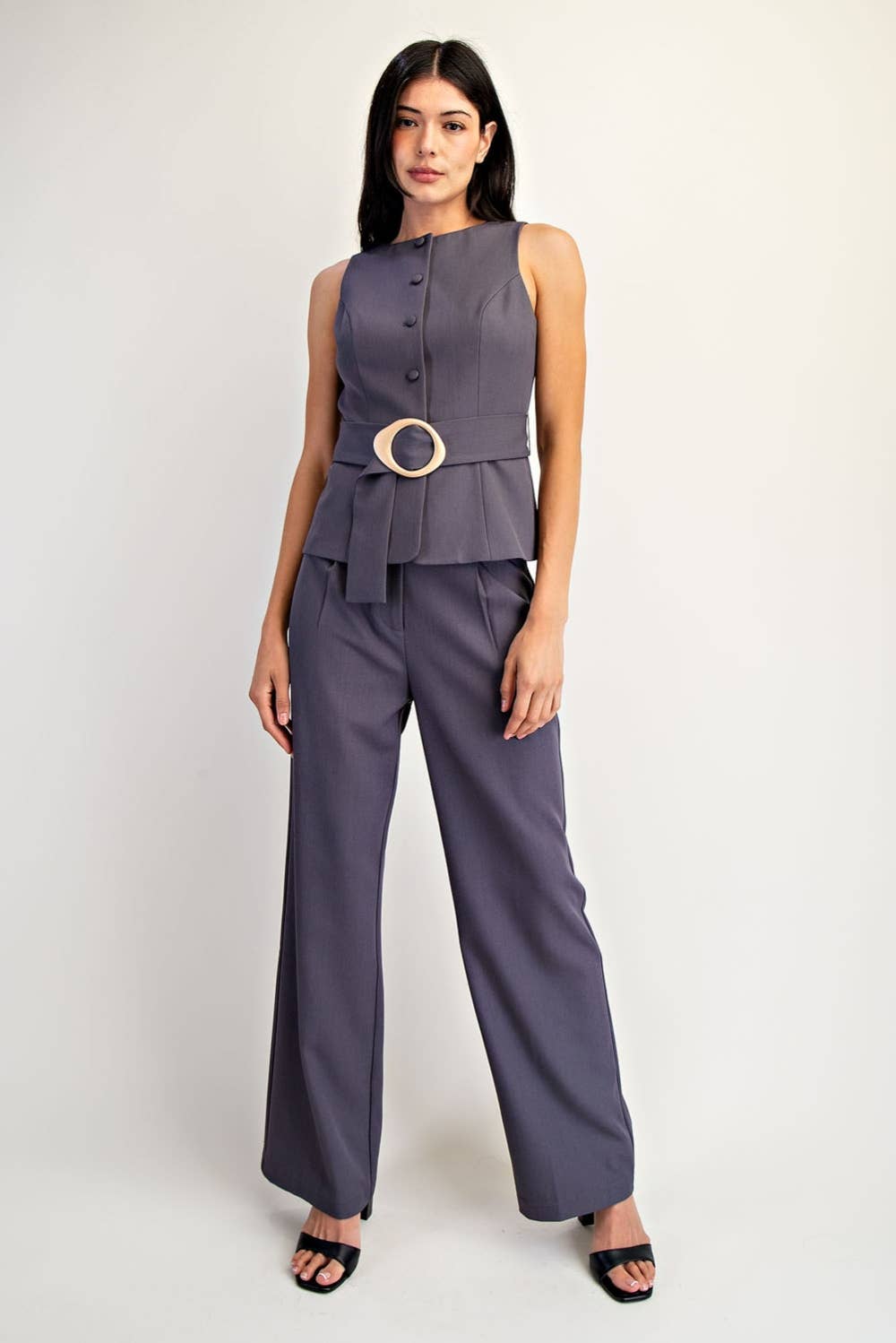 Sleeveless Belted Button Detail Woven Vest