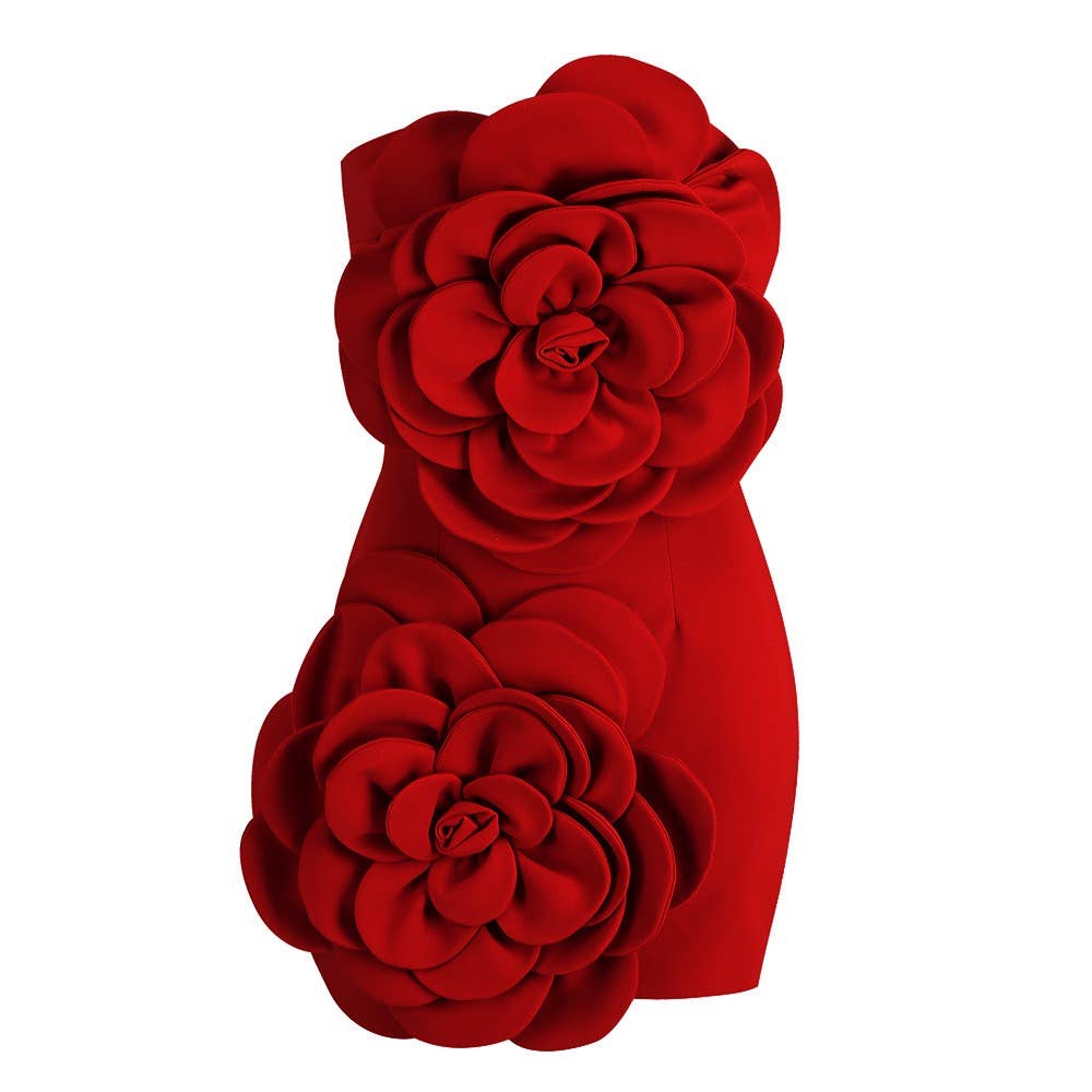Red 3D Flower Tube Dress - Bold Elegance