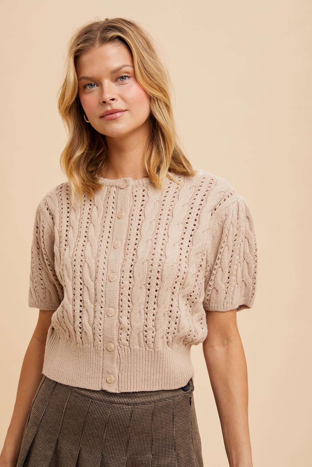 CABLE KNIT PUFF SLEEVE CARDIGAN