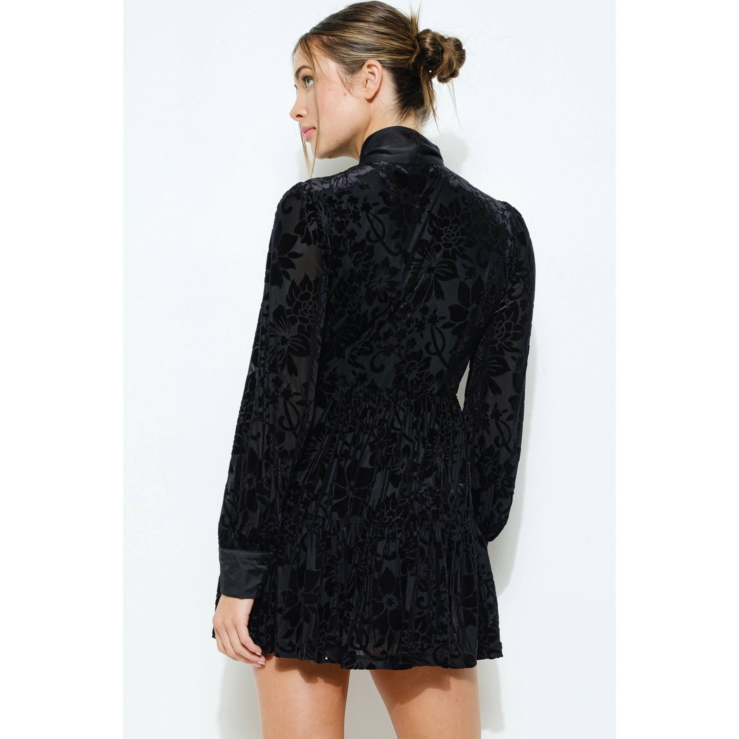 INA - Velvet Flower Burnout Satin Tie Mini Dress