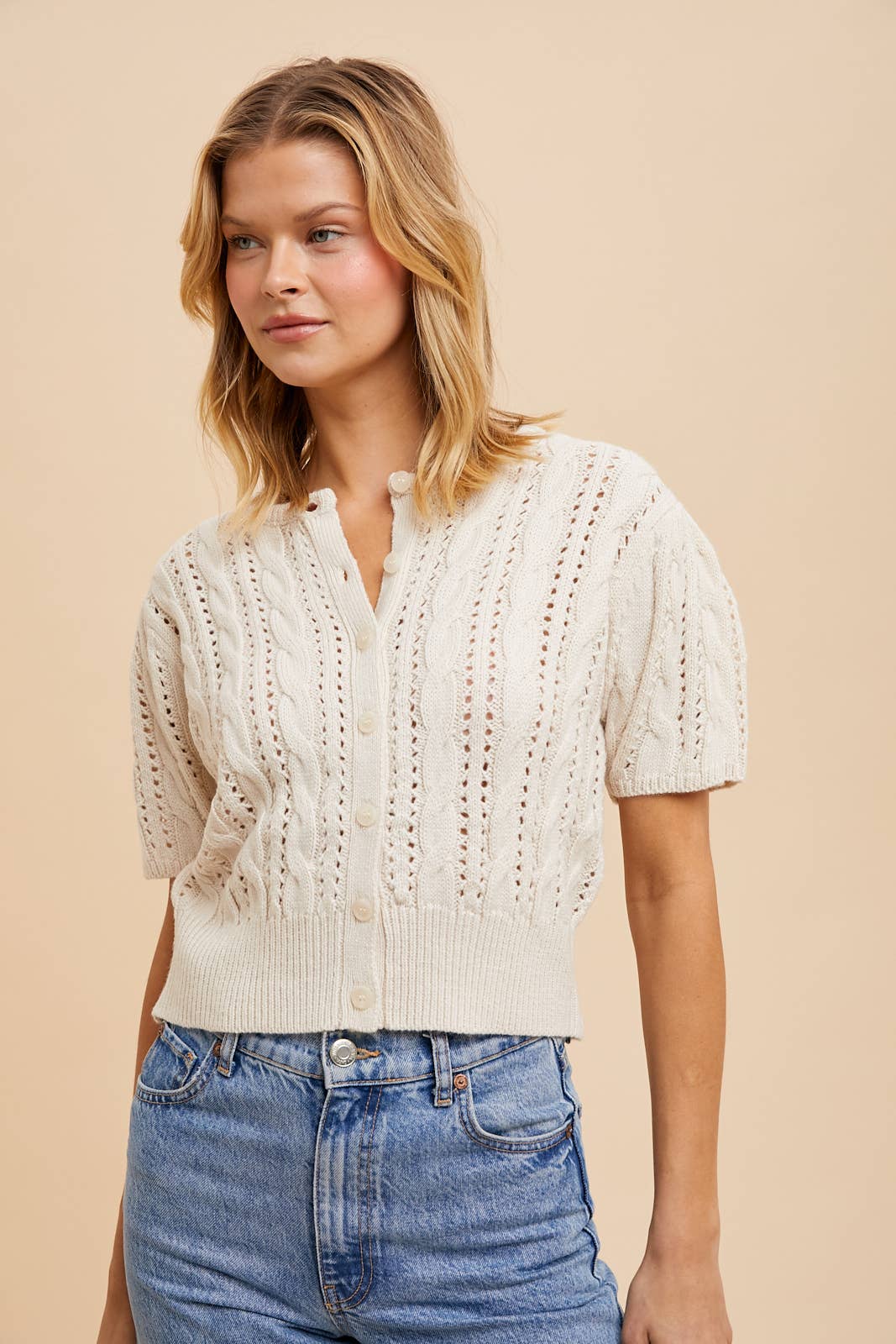 CABLE KNIT PUFF SLEEVE CARDIGAN