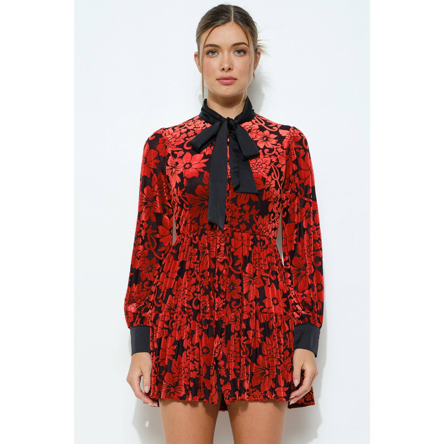 INA - Velvet Flower Burnout Satin Tie Mini Dress